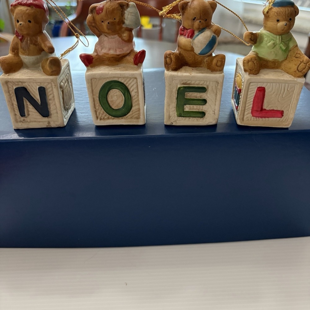 VTG Vintage NOEL Teddy Bear Alphabet‎ Blocks Ceramic Christmas Tree Ornaments